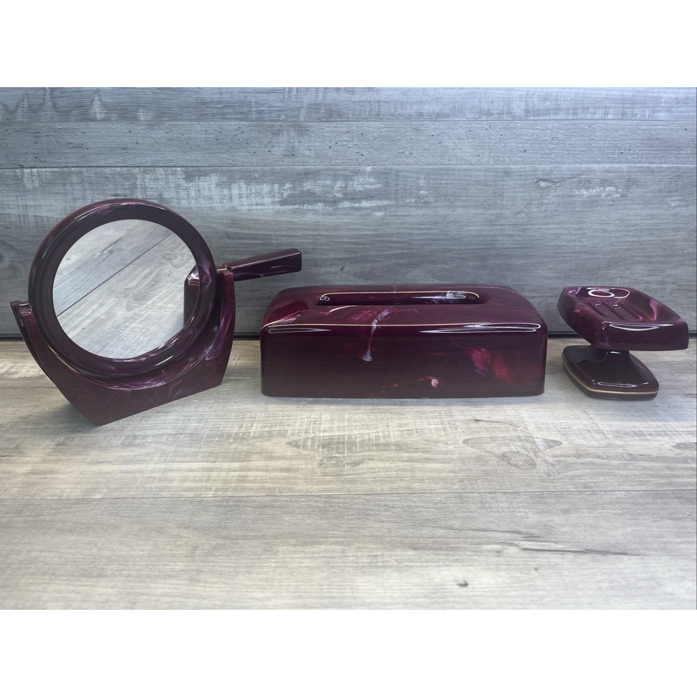 Wine Onyx Marbled Look Bathroom Set Tissue Holder Soap Dish Mirror  VTG Plastic